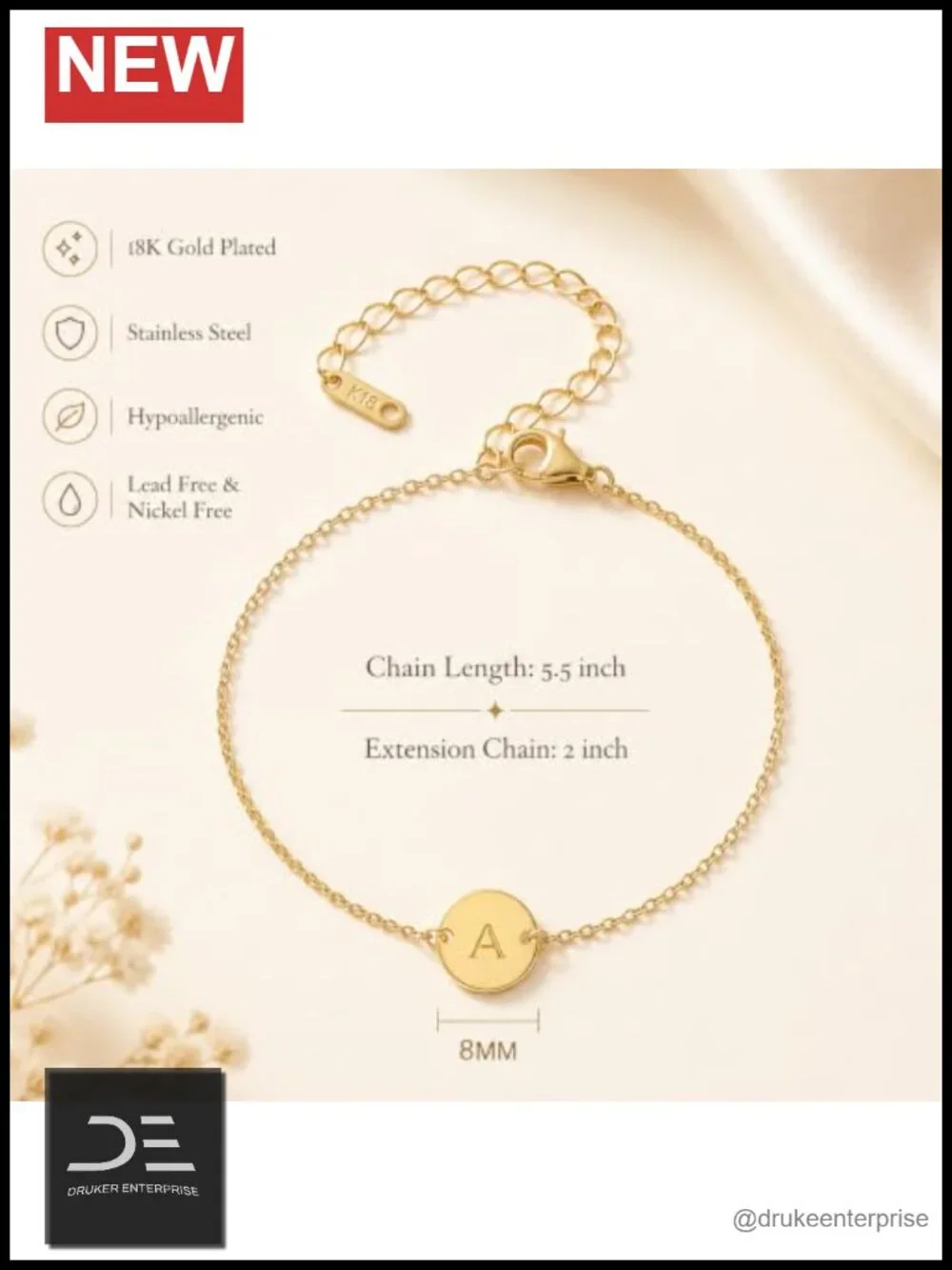 18K Gold Plated Stainless Steel Initial Bracelet Dainty Coin Charm Bracelet